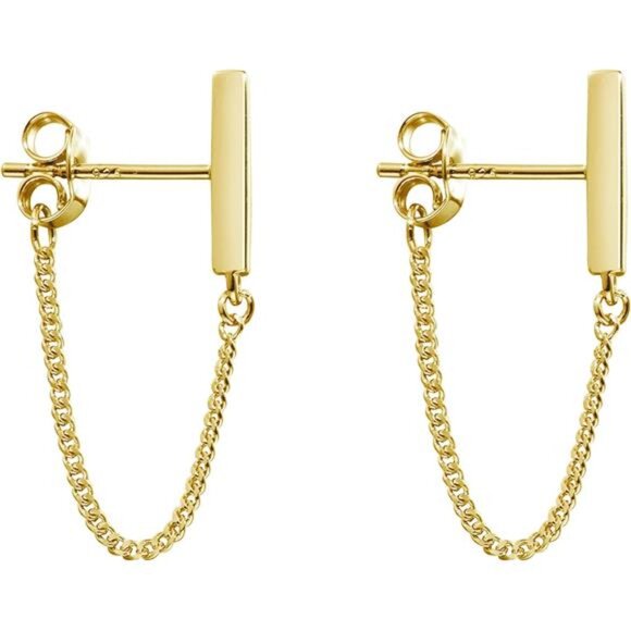Sterling Silver Chain Earrings for Women - Gold-Plated Hypoallergenic Dangle Stu - Picture 1 of 7